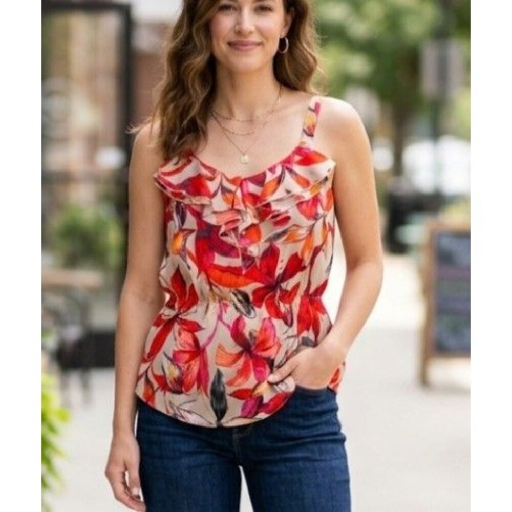Ann Taylor Size M Blouse Floral Tank Top Ruffle Scoop Neck Elastic Waist Cami